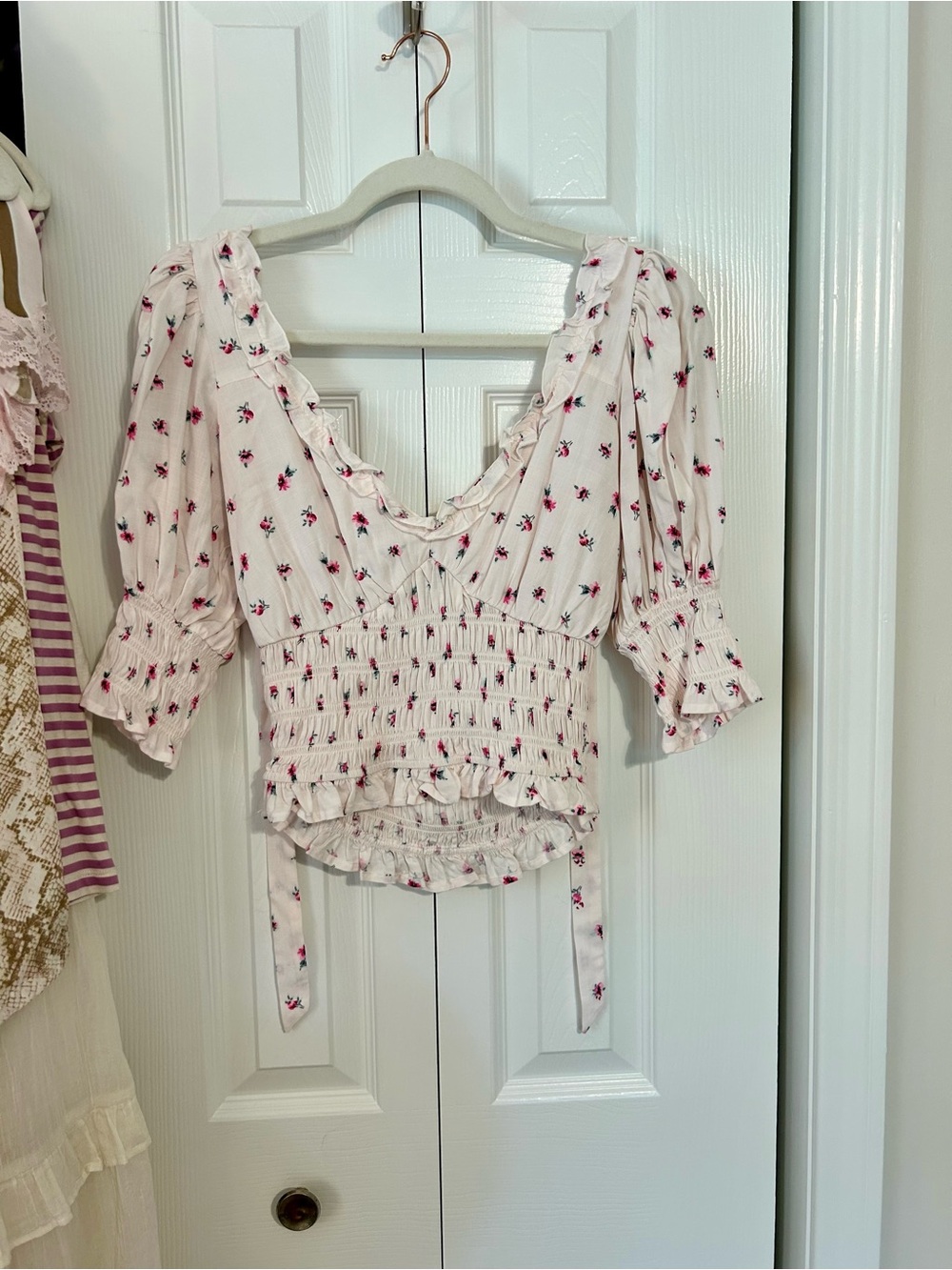 Altar'd State Pale Pink Peasant Blouse with Pink Floral Print